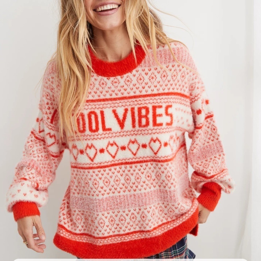 Aerie Flurry Oversized Sweater Starburst Cool Vibes Red size Small NWT hearts - Picture 2 of 7